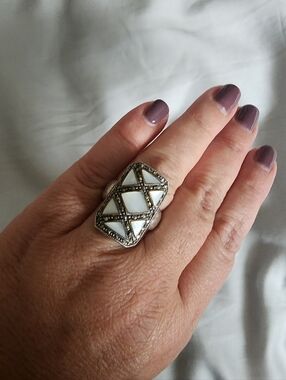 UNIQUE Silver RING Mother of Pearl White Inlay Statement Ring - Women Jewelry